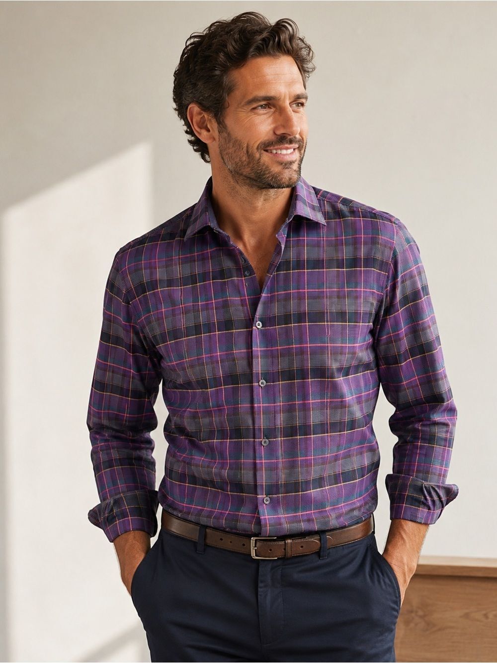 Bugatchi Shaped Fit Purple Plaid 100% Cotton Button Front Shirt Men’s X Large